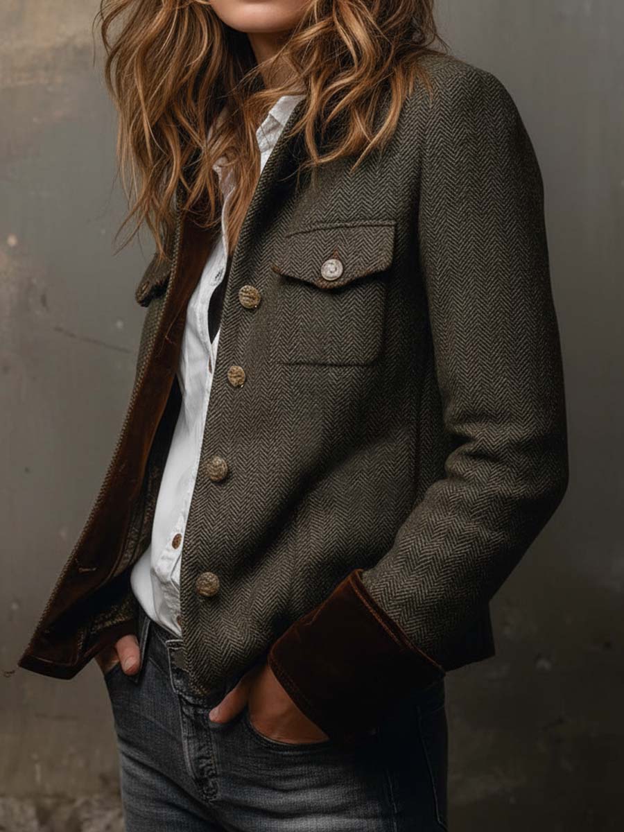 Vega Blazer Vintage de Espiga con Detalles en Contraste