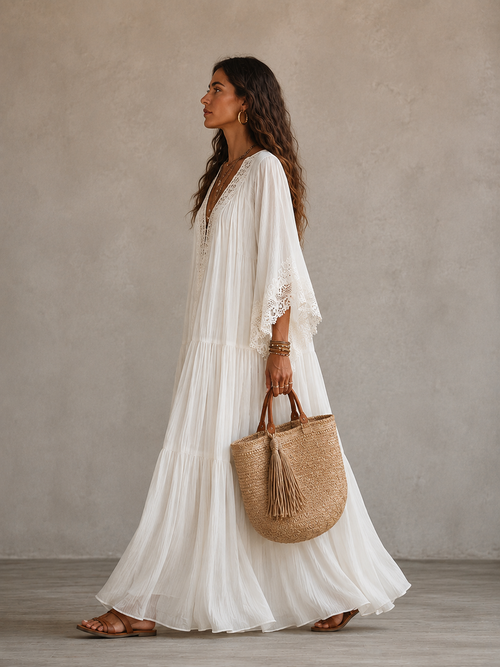 Adelaida | Vestido largo de gasa color marfil con mangas de murciélago y encaje blanco
