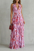 Belladina | Romántico Vestido Largo Cascada de Rosas con Escote Halter