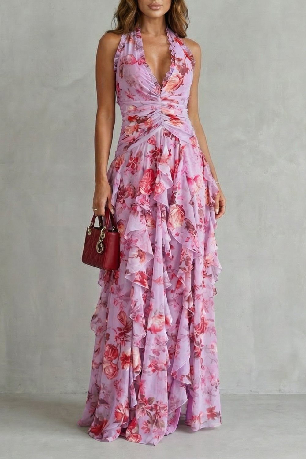 Belladina | Romántico Vestido Largo Cascada de Rosas con Escote Halter