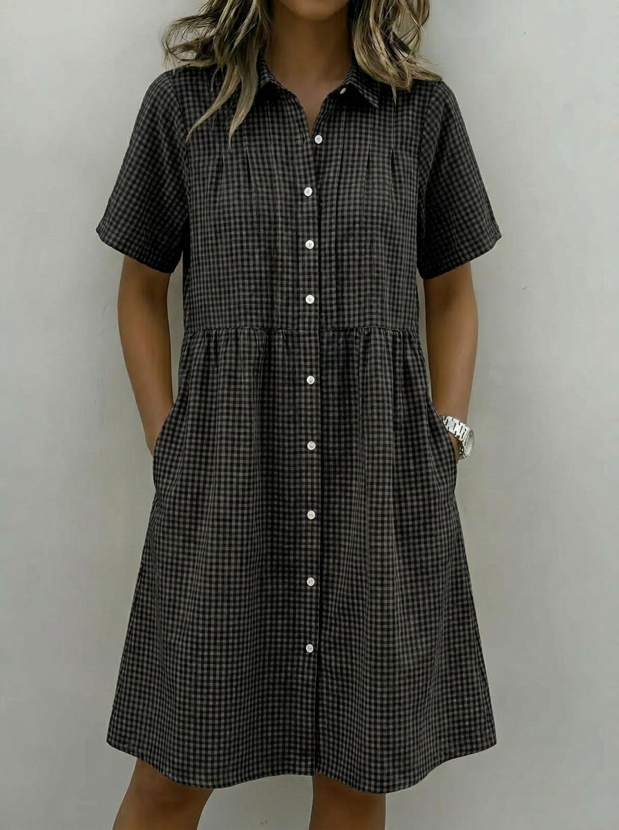 Carla | Vestido Camisero de Lino a Cuadros