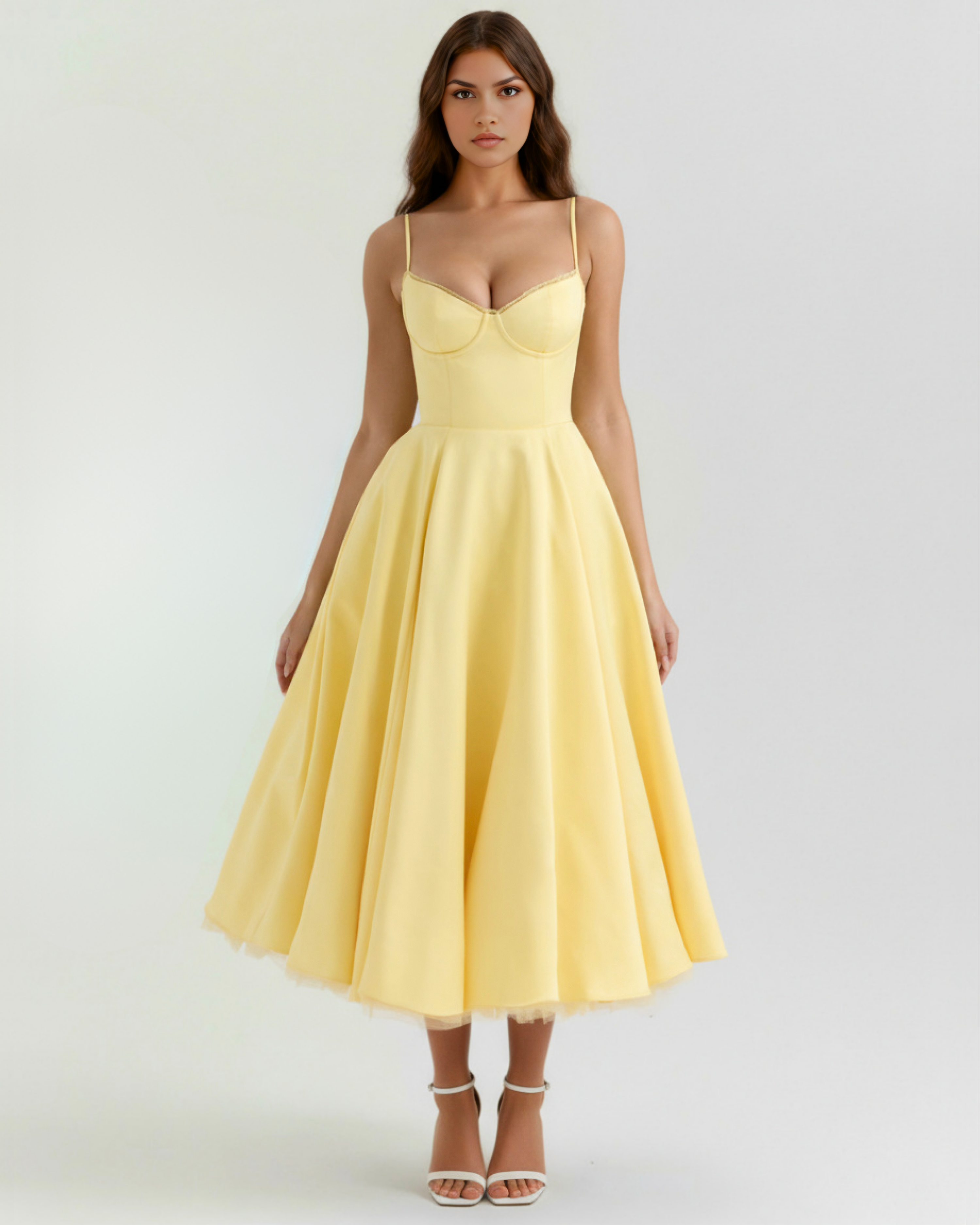 Selene™ | Vestido midi amarillo mantequilla con capas de tul y bolsillos secretos