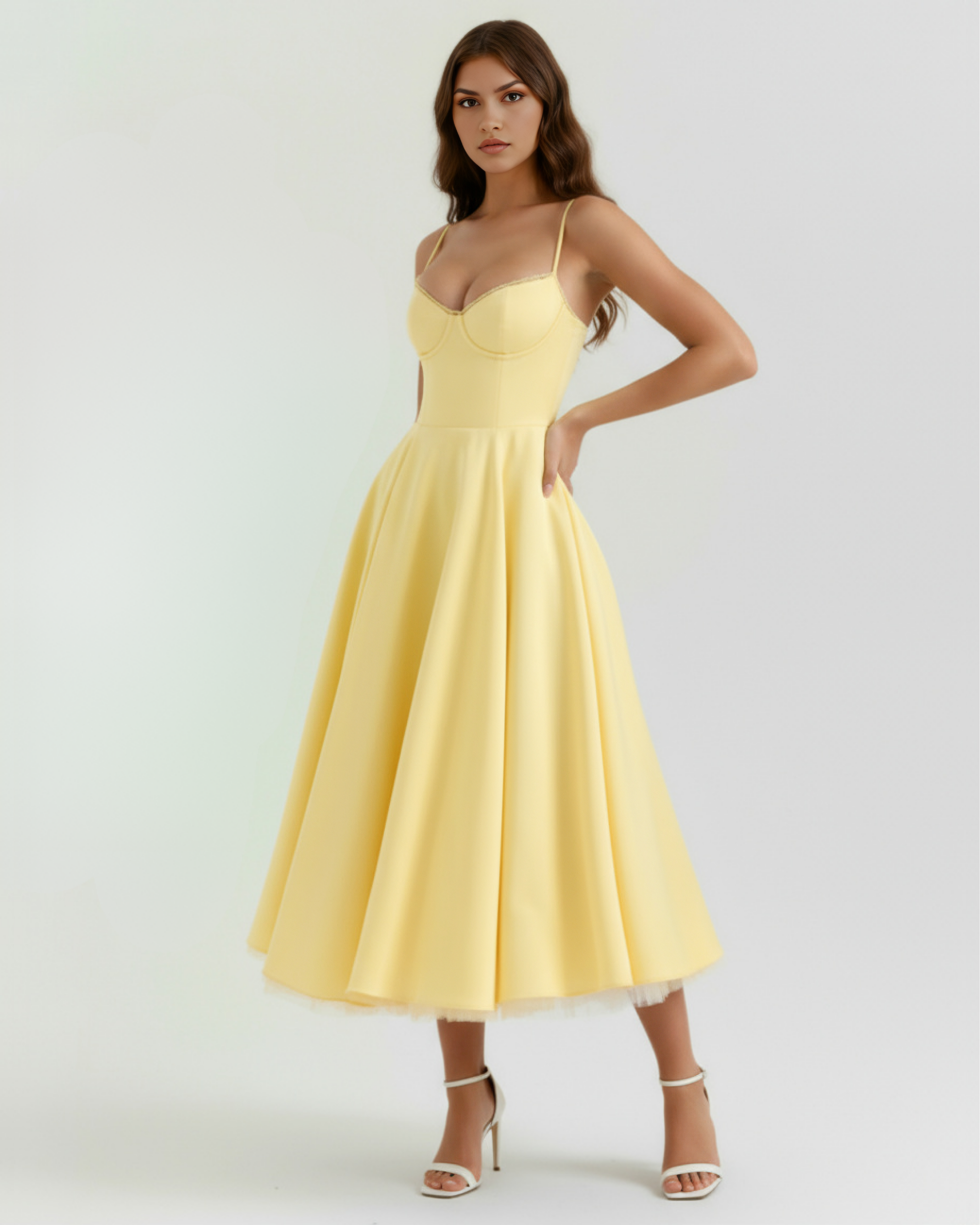 Selene™ | Vestido midi amarillo mantequilla con capas de tul y bolsillos secretos