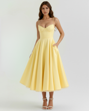 Selene™ | Vestido midi amarillo mantequilla con capas de tul y bolsillos secretos