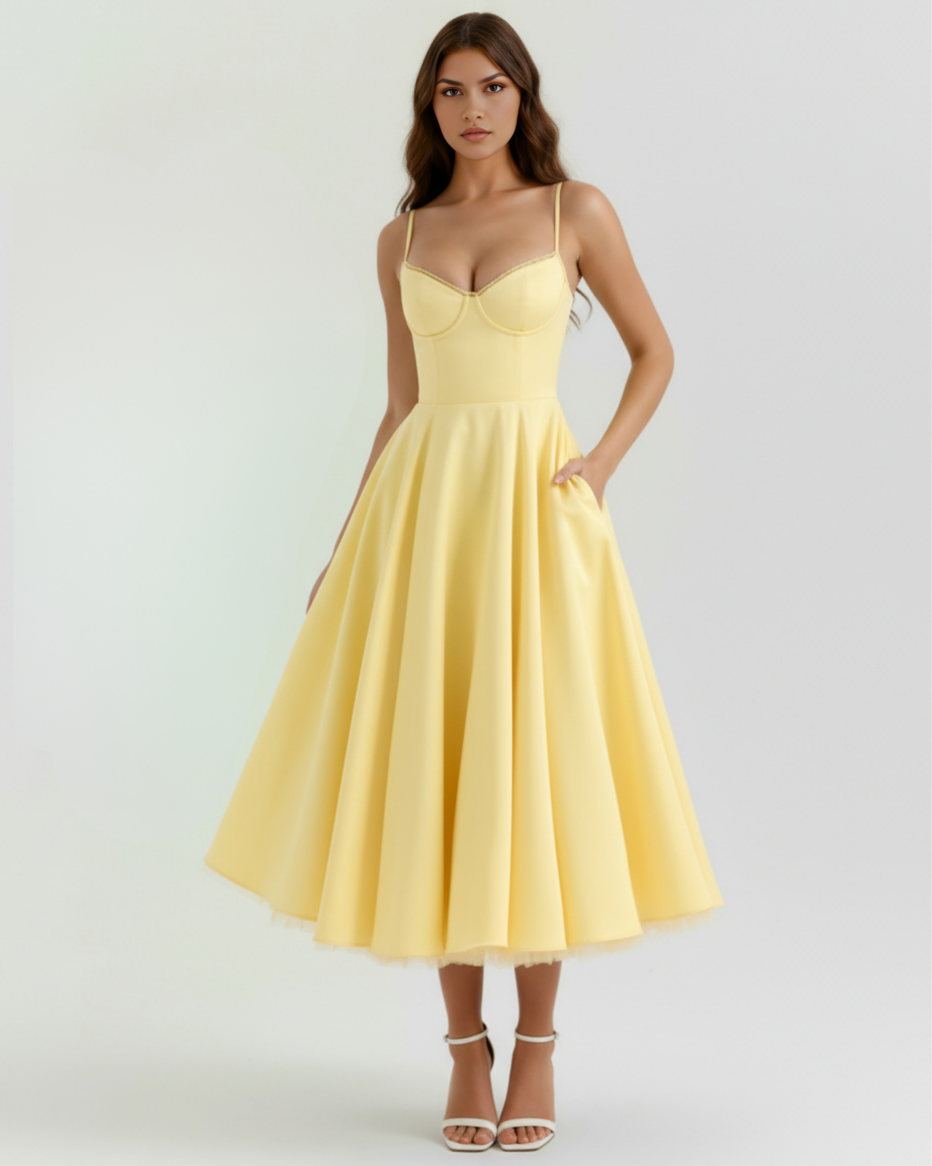 Selene™ | Vestido midi amarillo mantequilla con capas de tul y bolsillos secretos