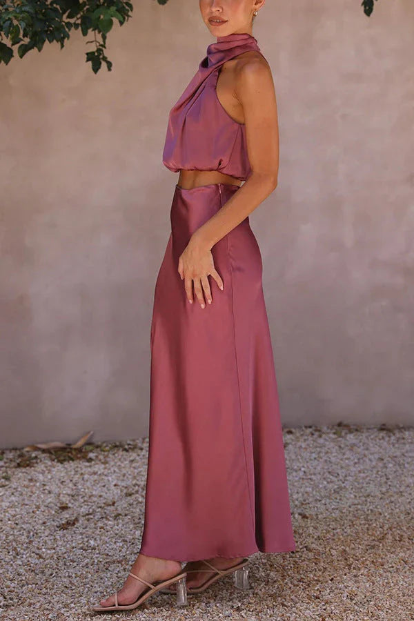 Estefânia - Conjunto de top y falda de satén para mujer