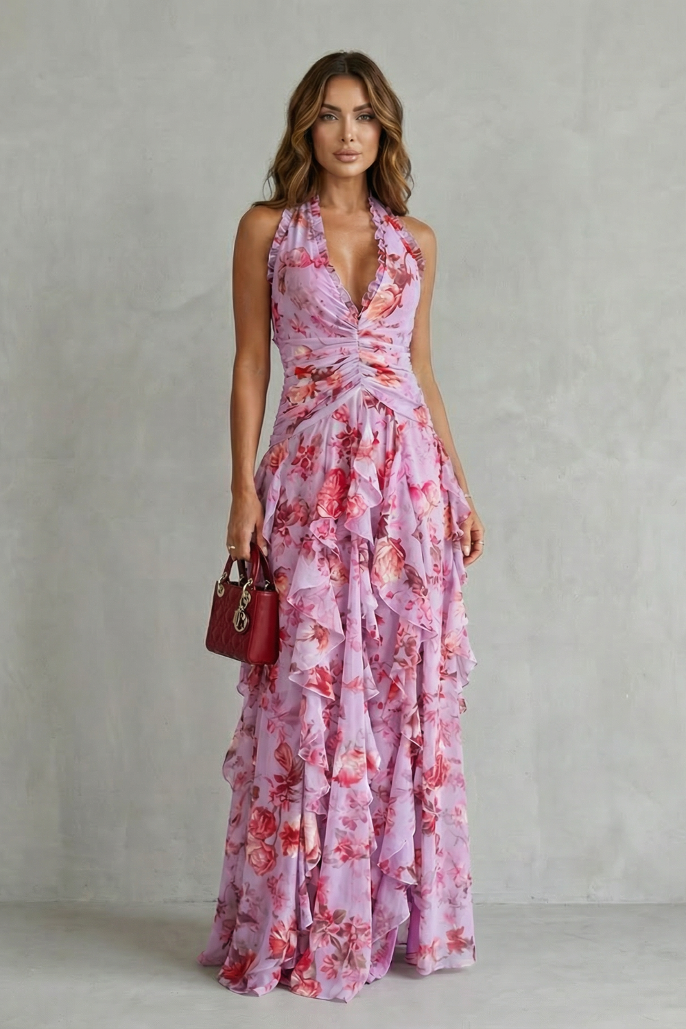 Belladina | Romántico Vestido Largo Cascada de Rosas con Escote Halter
