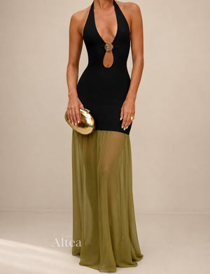 Nerea Vestido Maxi Halter con Detalles en Contraste