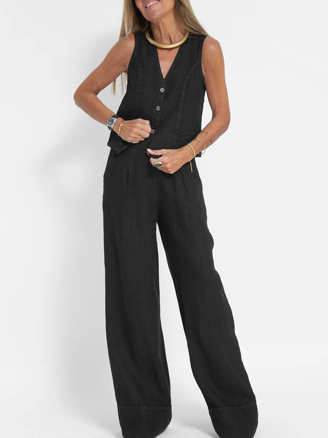 Aira • Conjunto elegante de dos piezas con chaleco y pantalón de pierna ancha