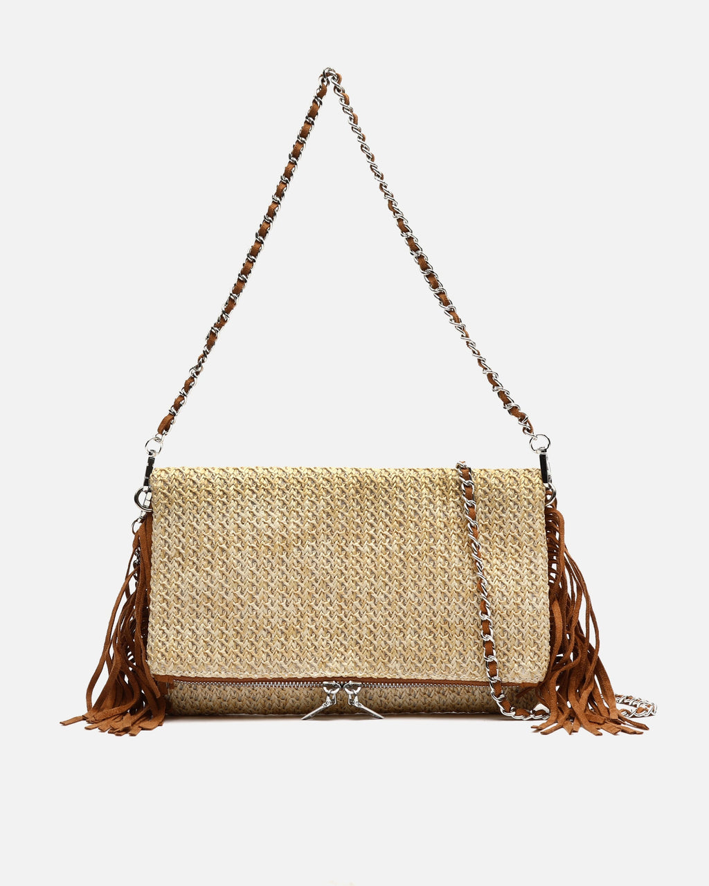 Rafin bolso de hombro pequeño efecto rafia con flecos