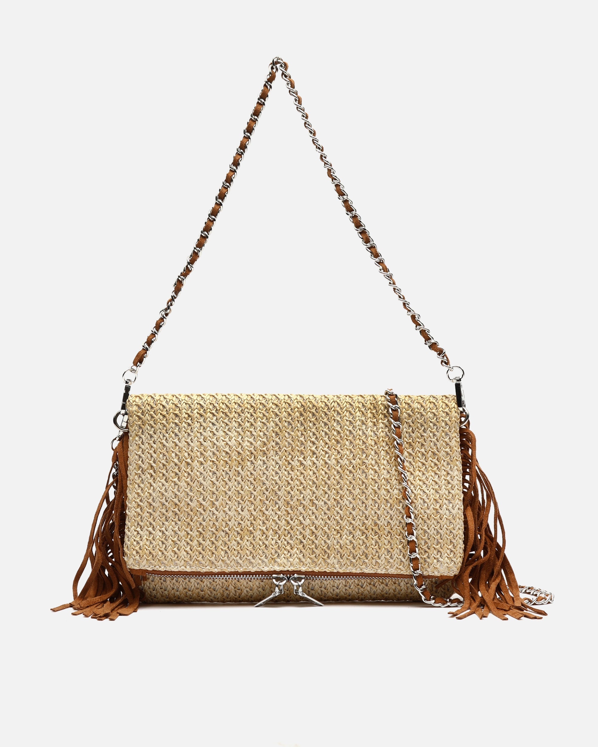 Rafin bolso de hombro pequeño efecto rafia con flecos
