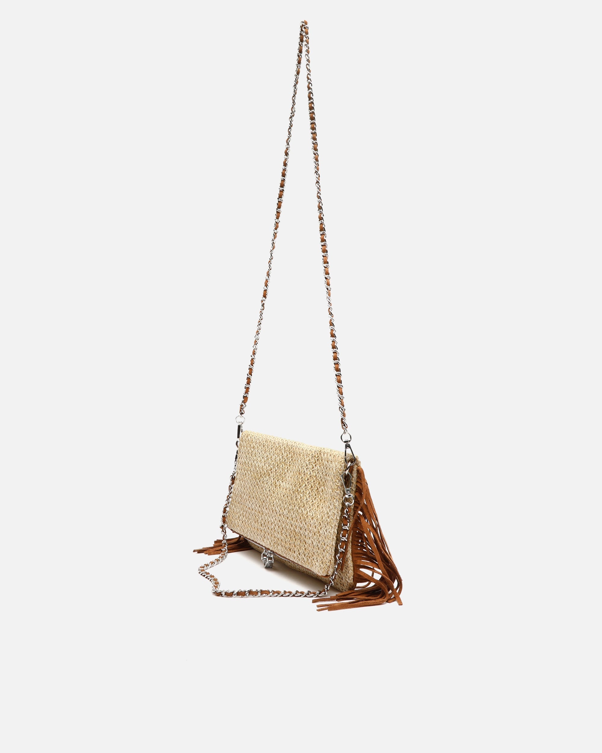 Rafin bolso de hombro pequeño efecto rafia con flecos