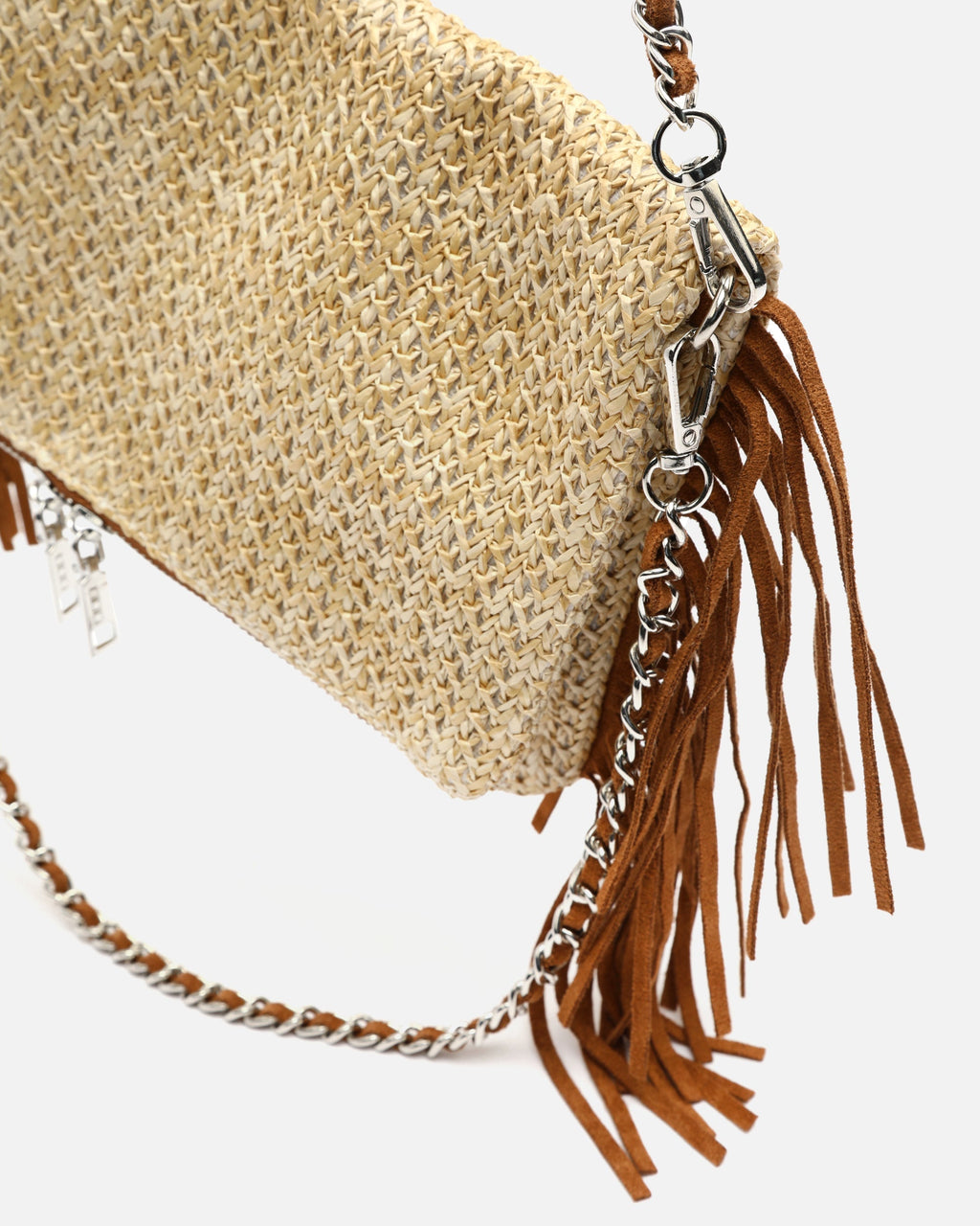 Rafin bolso de hombro pequeño efecto rafia con flecos