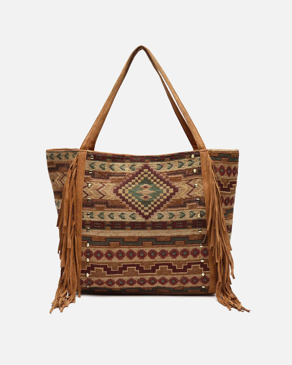 Jovana bolso shopper grande jacquard con flecos y detalles metálicos