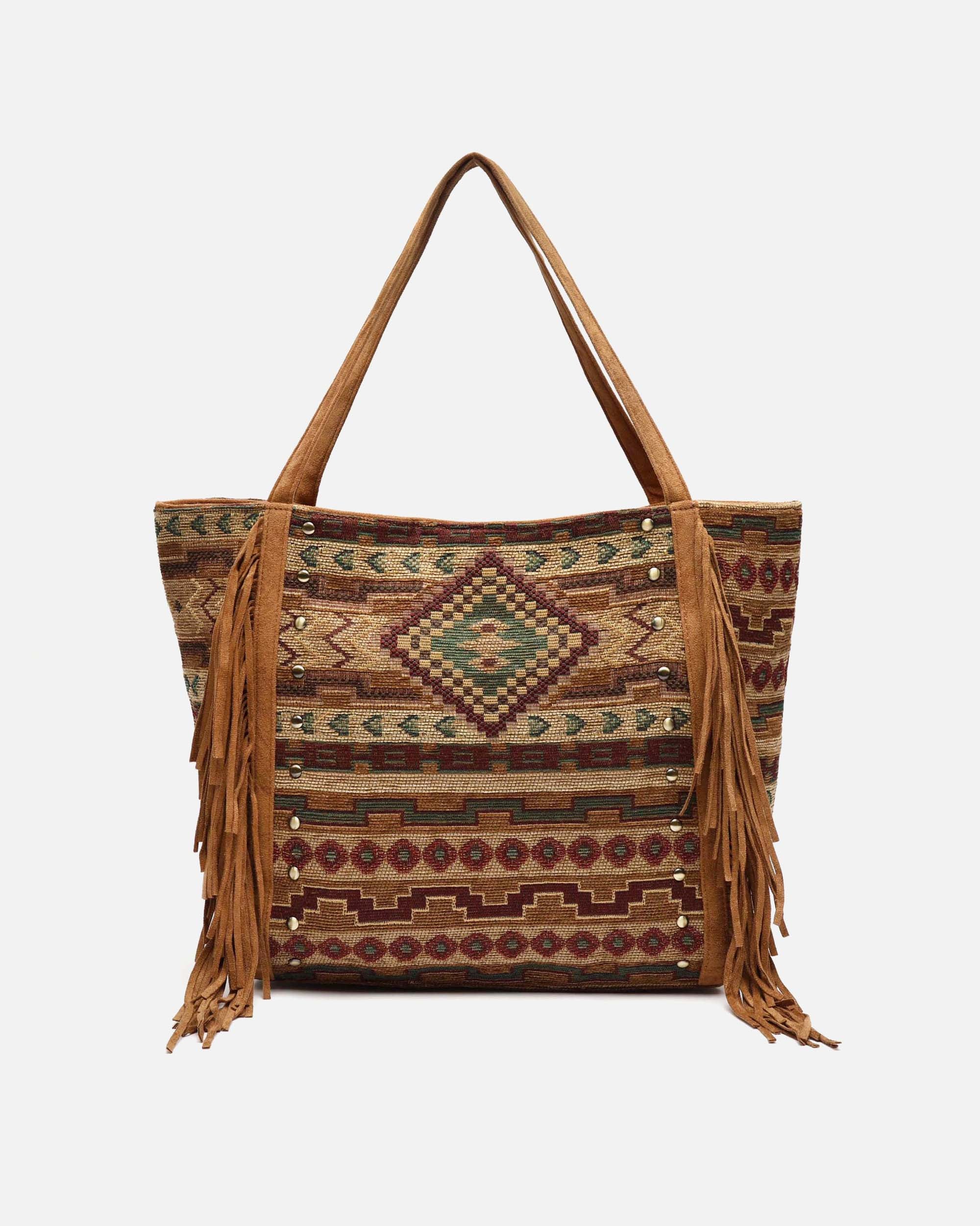 Jovana bolso shopper grande jacquard con flecos y detalles metálicos