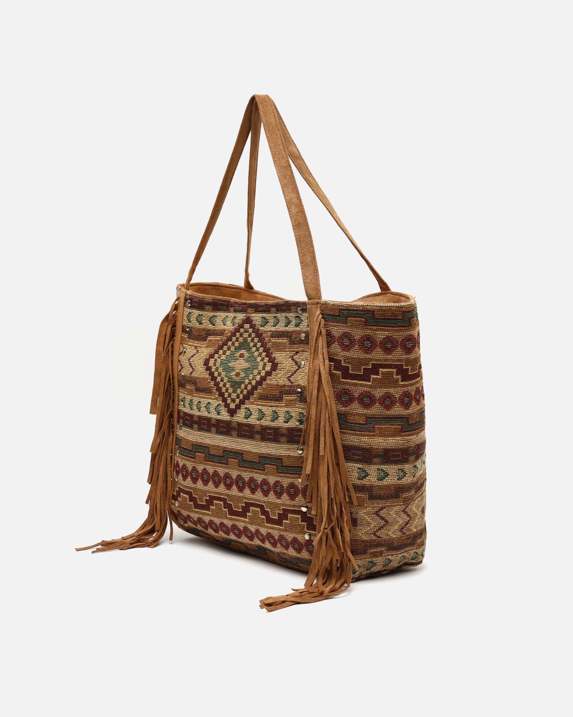 Jovana bolso shopper grande jacquard con flecos y detalles metálicos