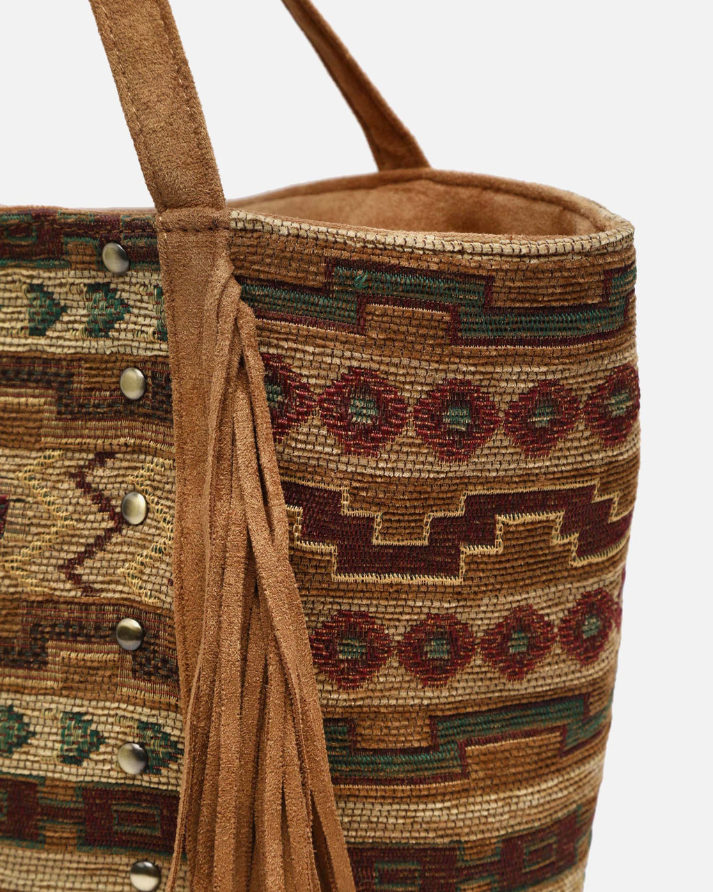 Jovana bolso shopper grande jacquard con flecos y detalles metálicos