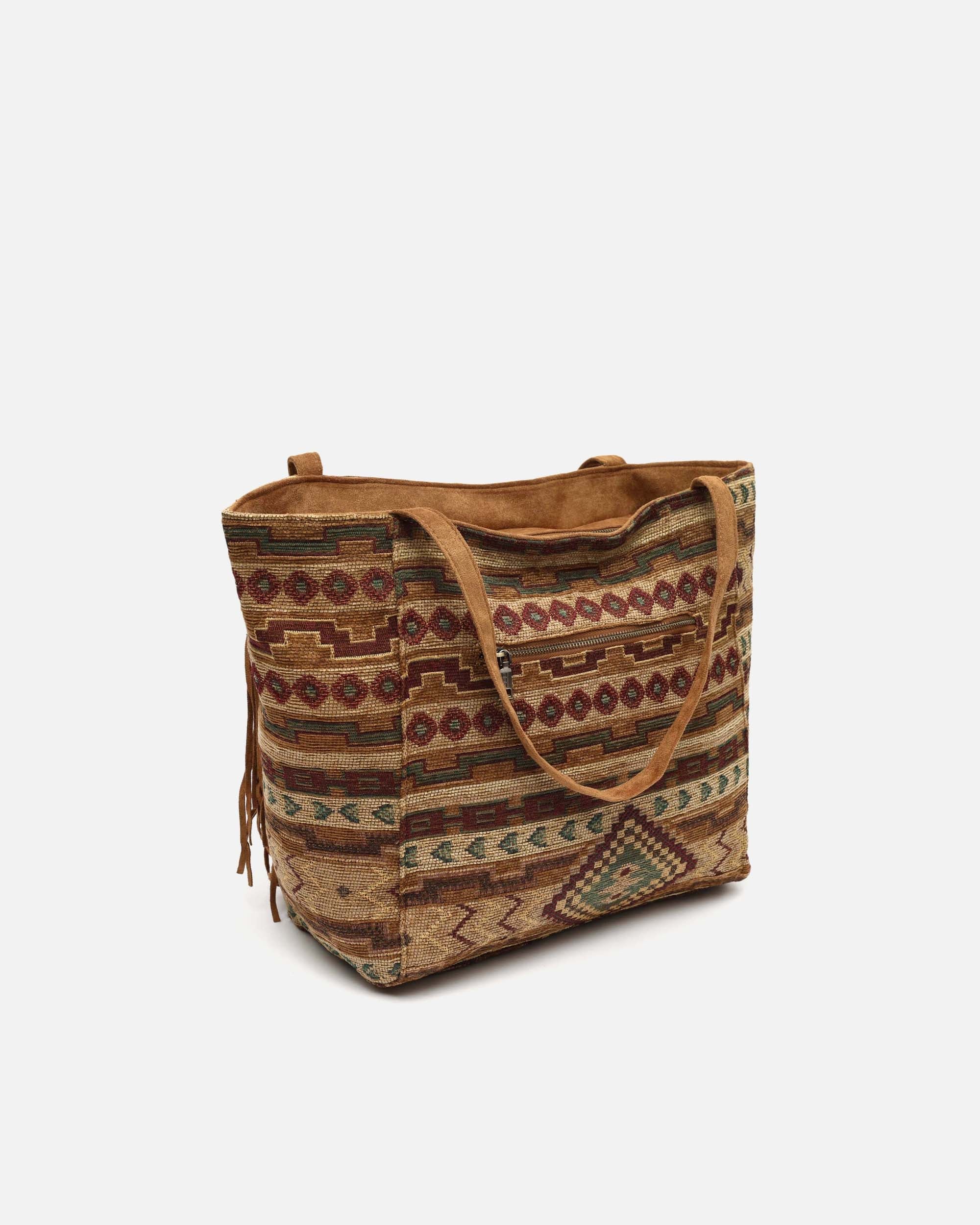 Jovana bolso shopper grande jacquard con flecos y detalles metálicos