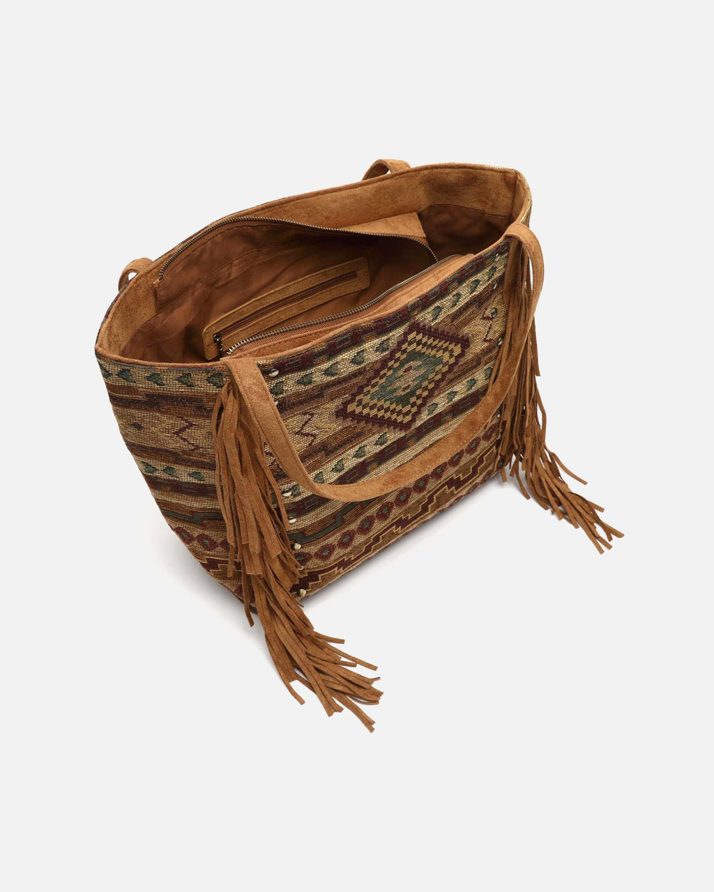 Jovana bolso shopper grande jacquard con flecos y detalles metálicos