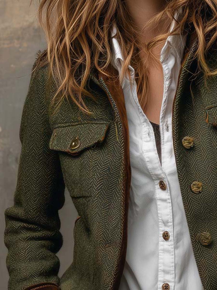 Vega Blazer Vintage de Espiga con Detalles en Contraste