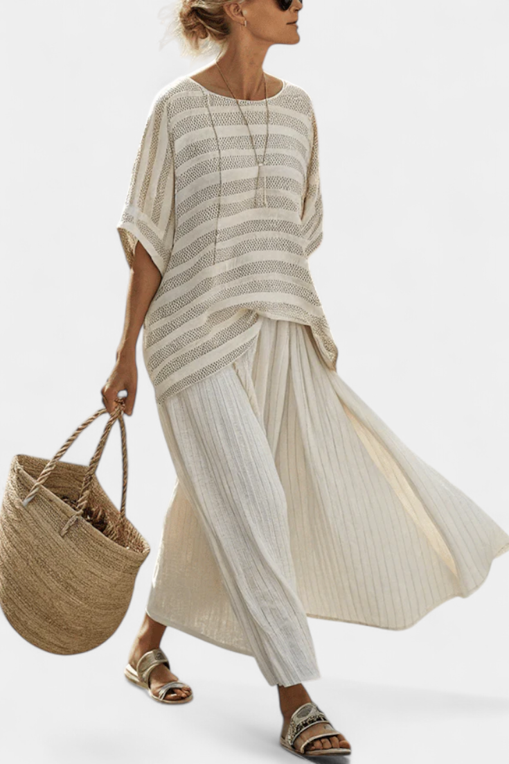 Graziella • Top a rayas de bambú natural y pantalones de lino fluidos