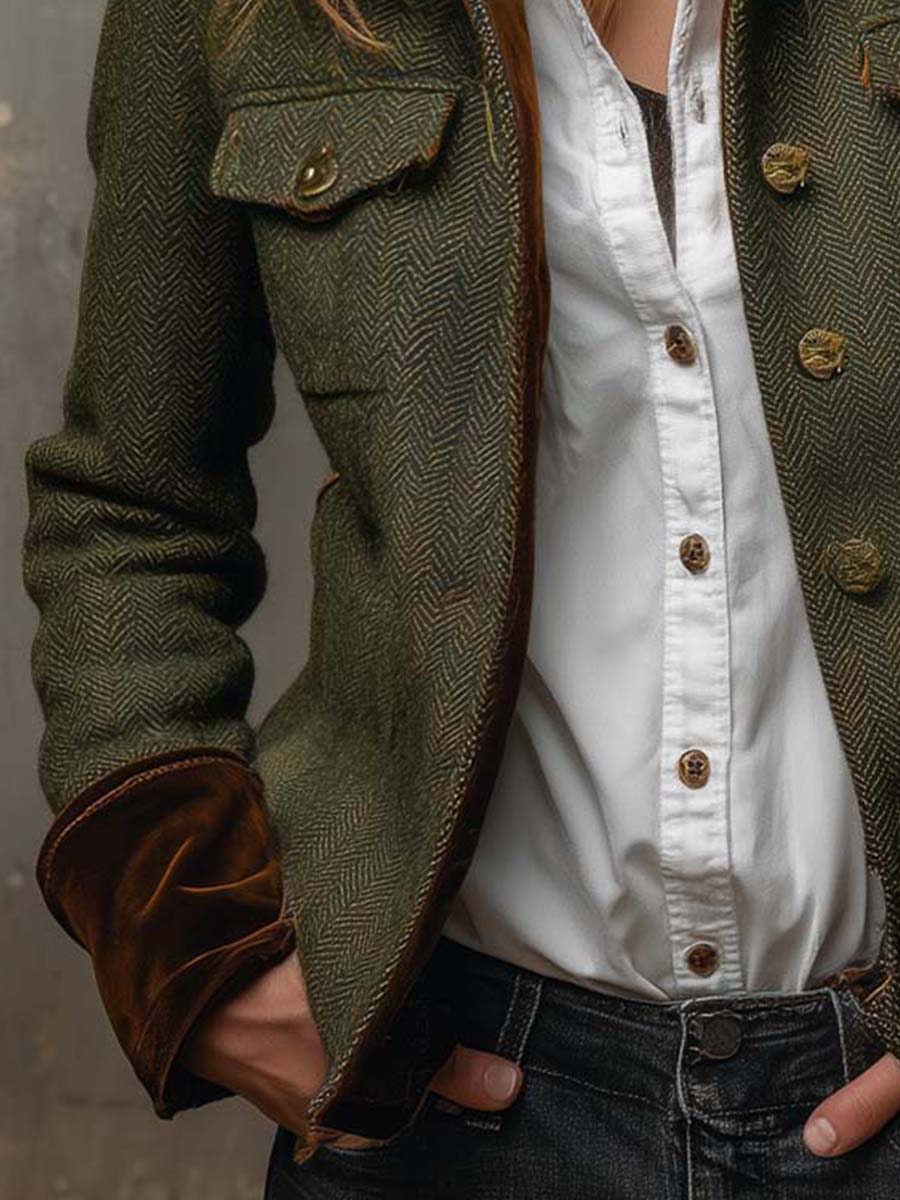 Vega Blazer Vintage de Espiga con Detalles en Contraste