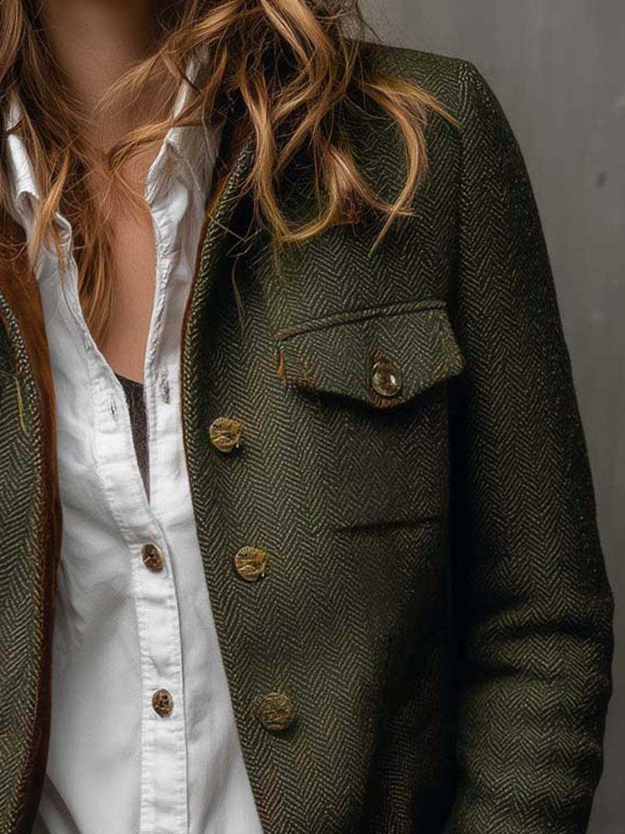 Vega Blazer Vintage de Espiga con Detalles en Contraste