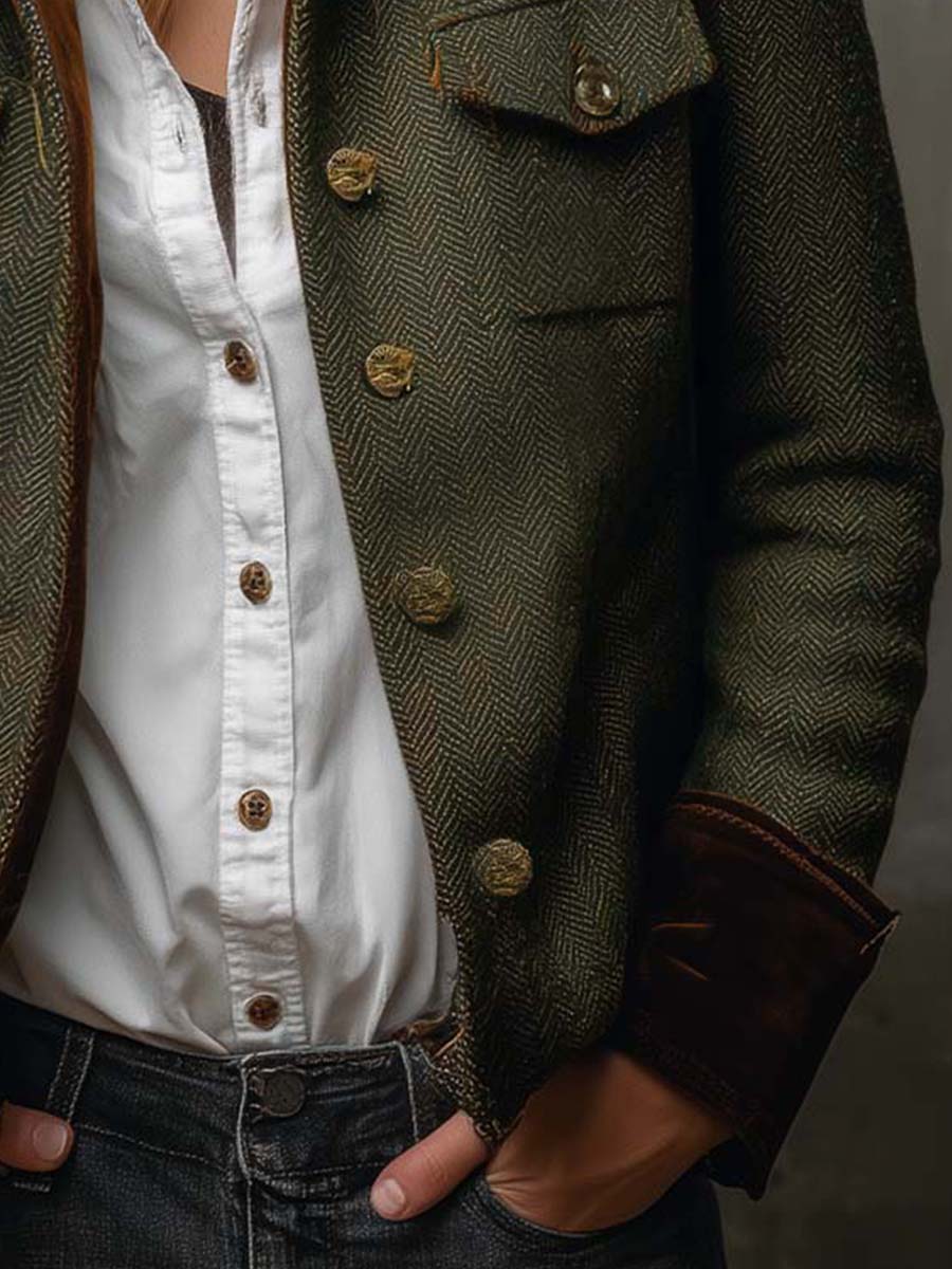 Vega Blazer Vintage de Espiga con Detalles en Contraste