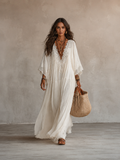 Adelaida | Vestido largo de gasa color marfil con mangas de murciélago y encaje blanco