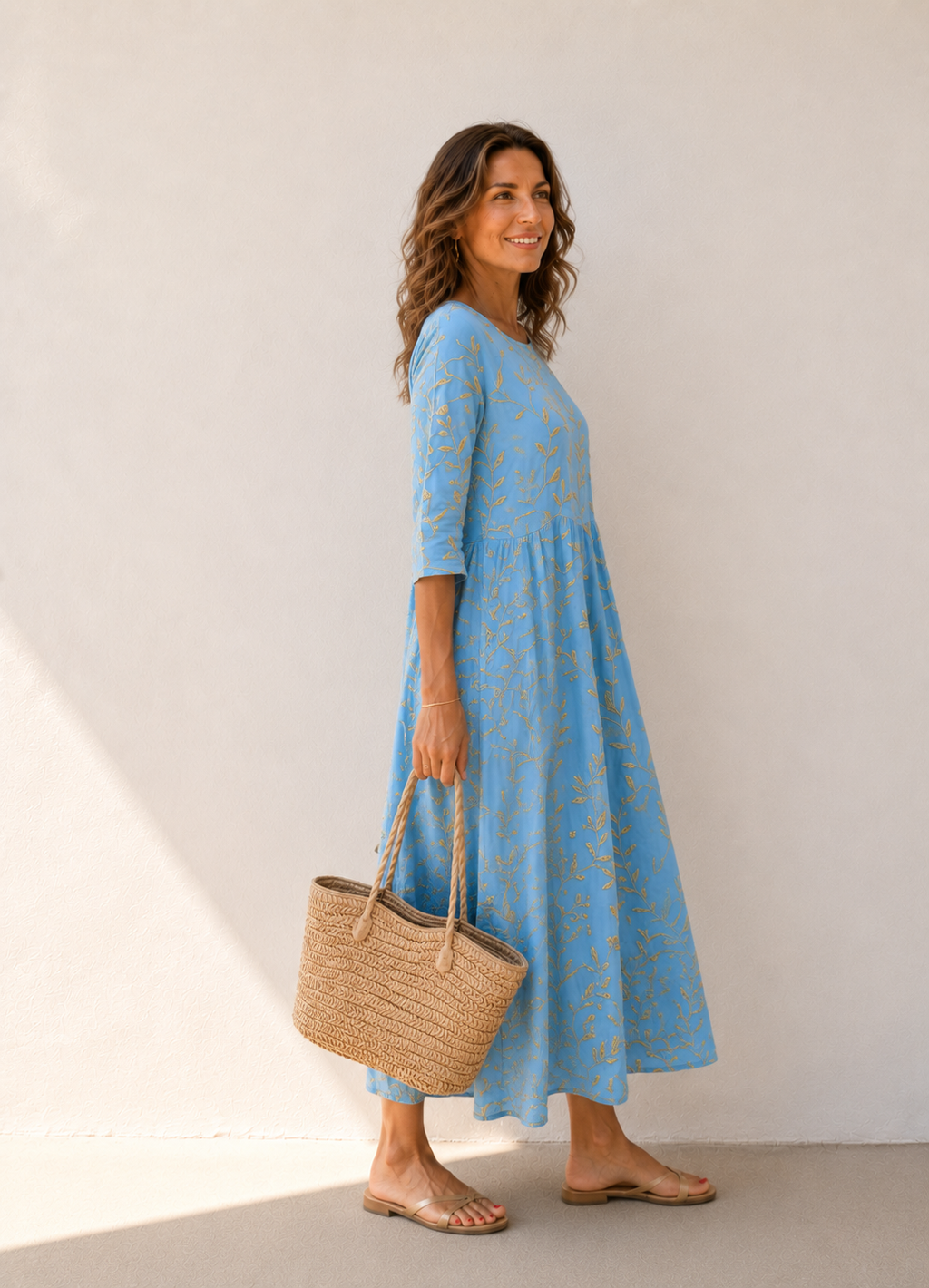 Vestido celeste bordado con flores vintage