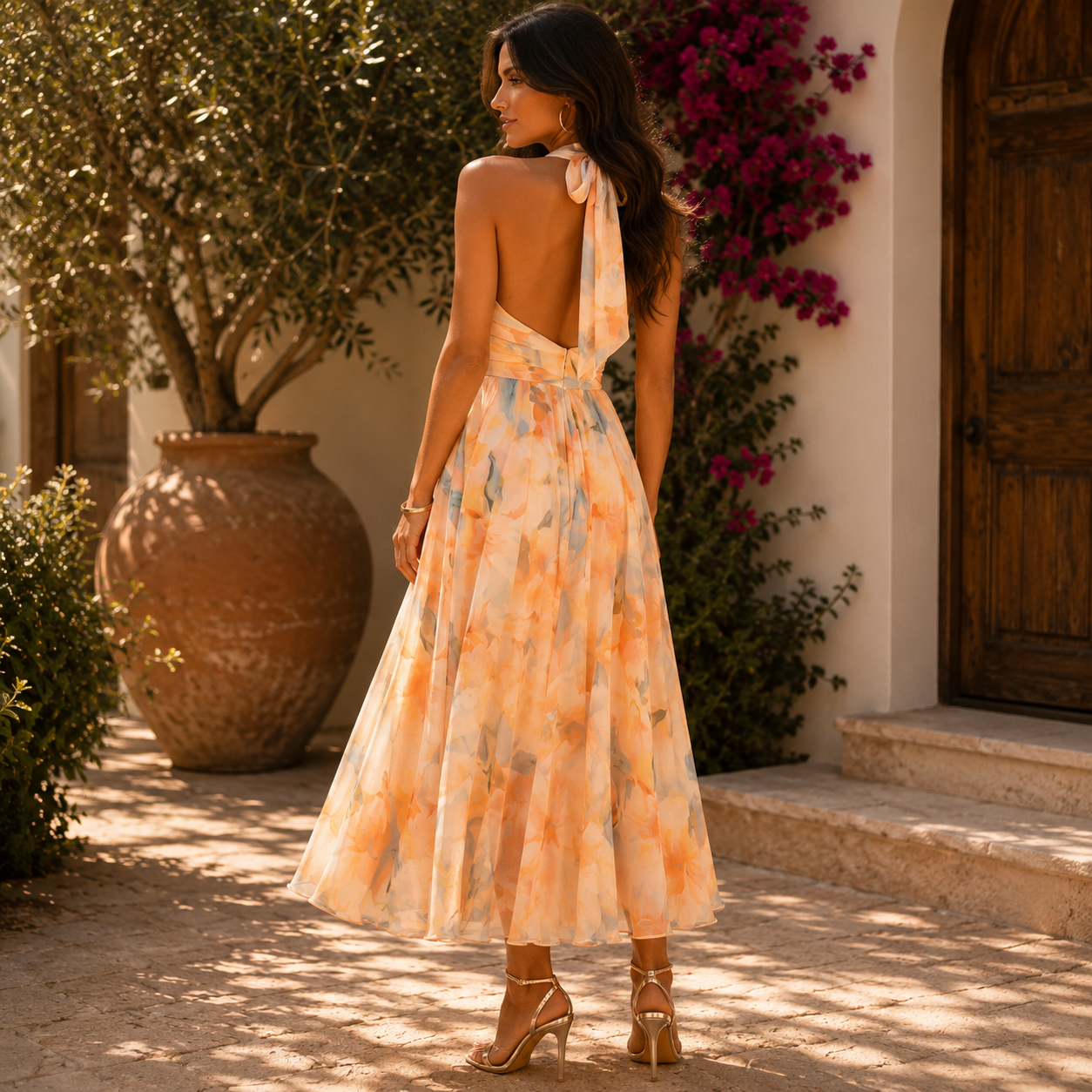 Vestido Esther | Cuello Halter con Estampado de Acuarela