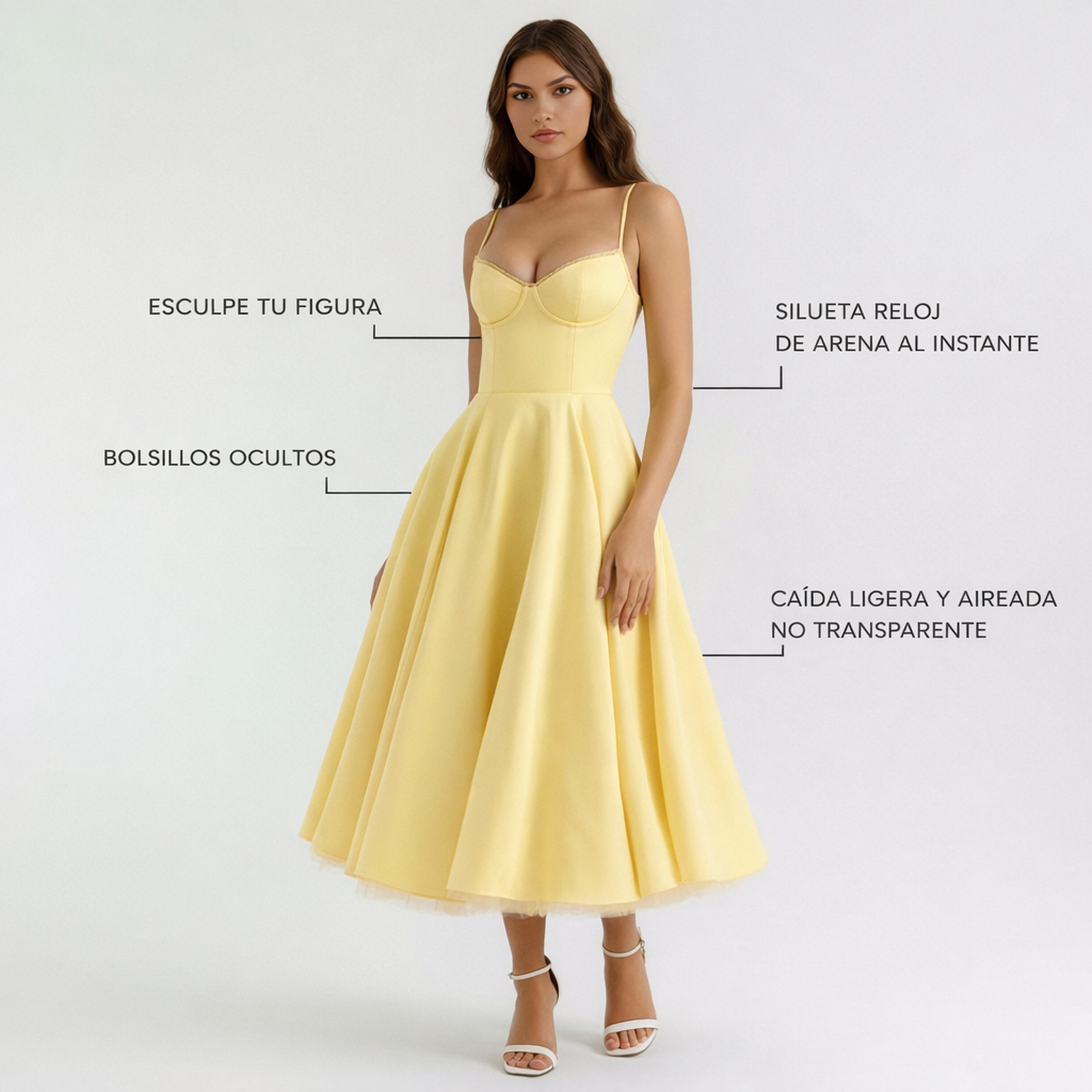 Selene™ | Vestido midi amarillo mantequilla con capas de tul y bolsillos secretos