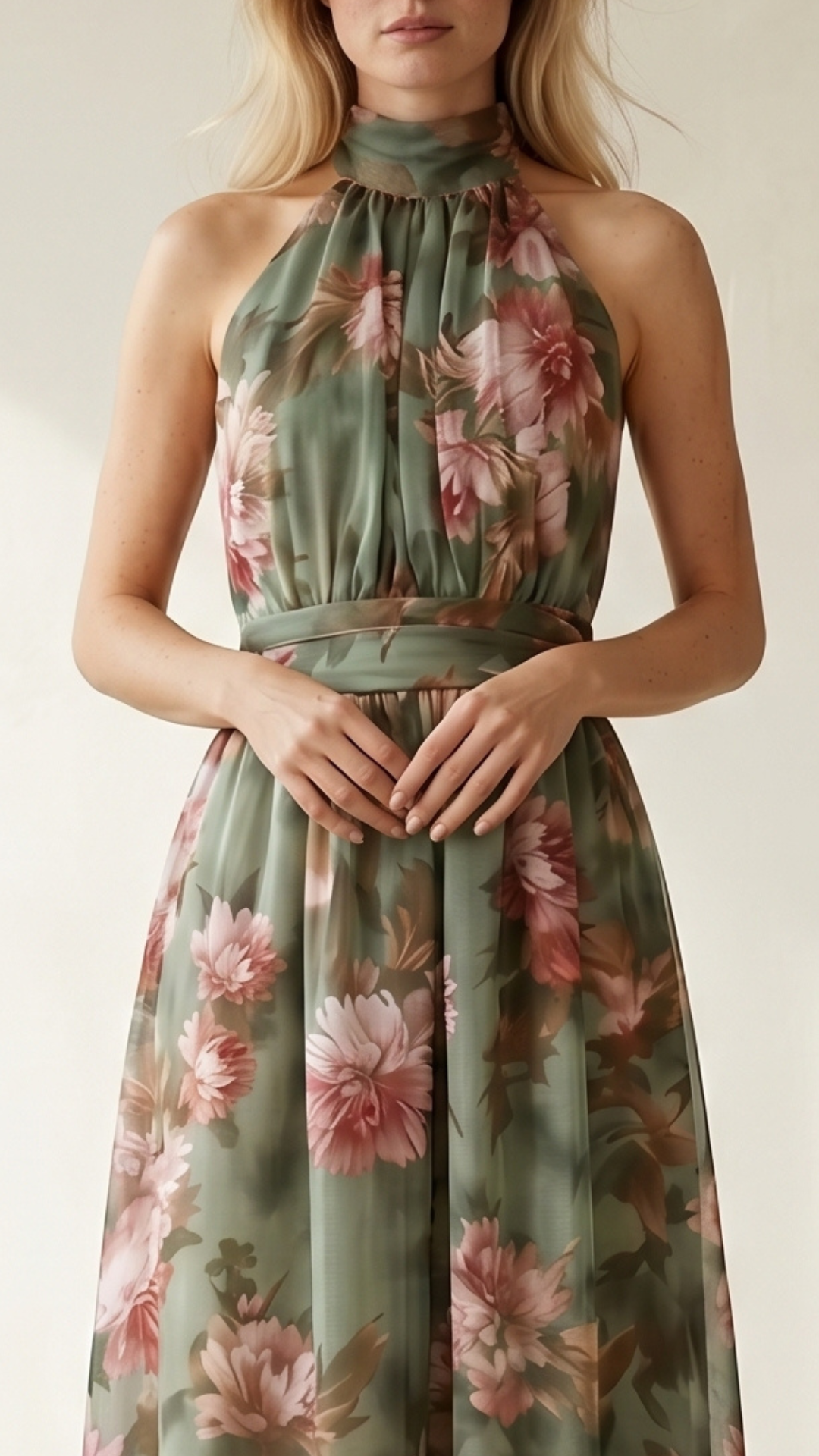 Vestido largo de gasa verde con estampado floral y escote halter