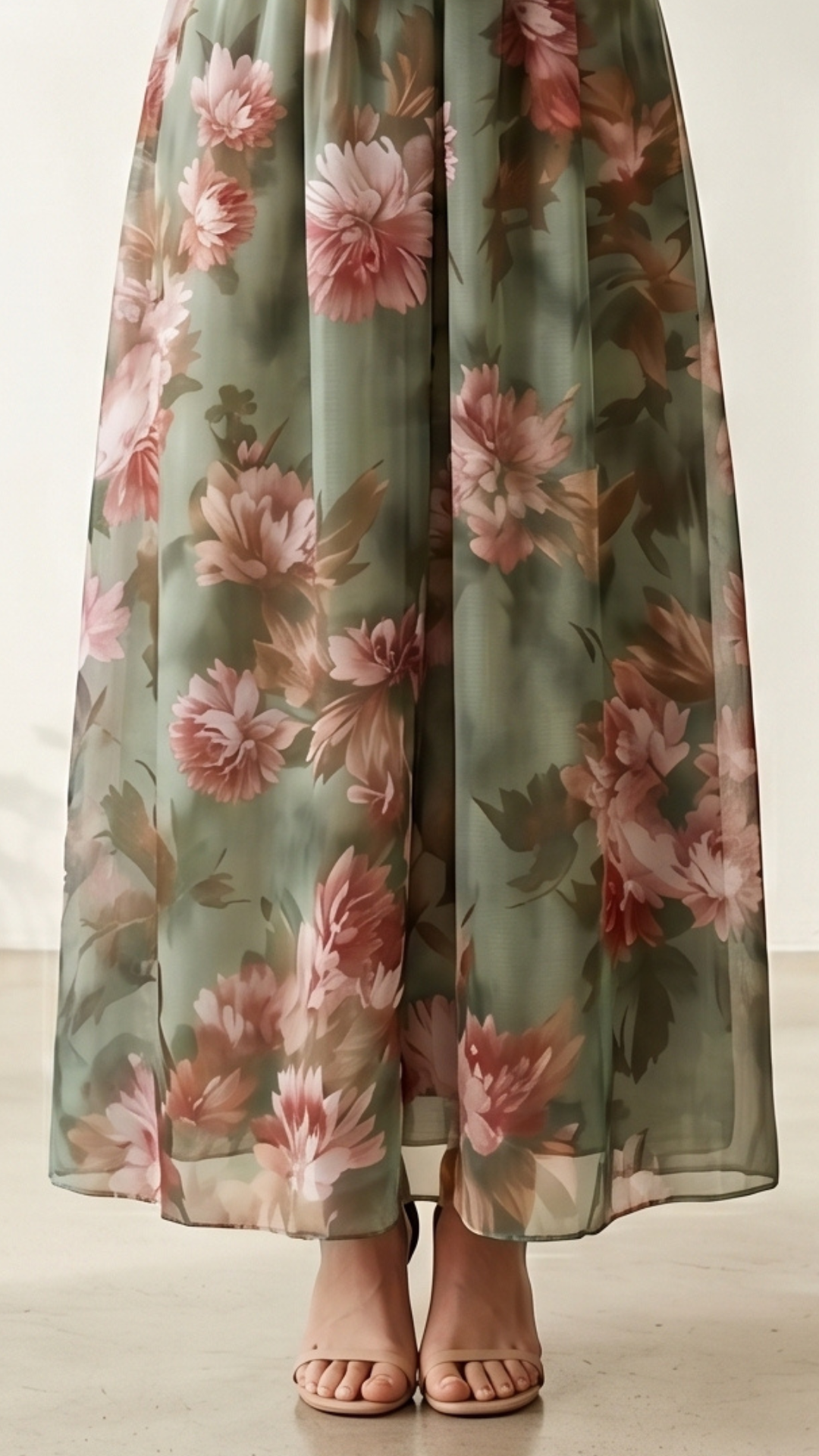 Vestido largo de gasa verde con estampado floral y escote halter