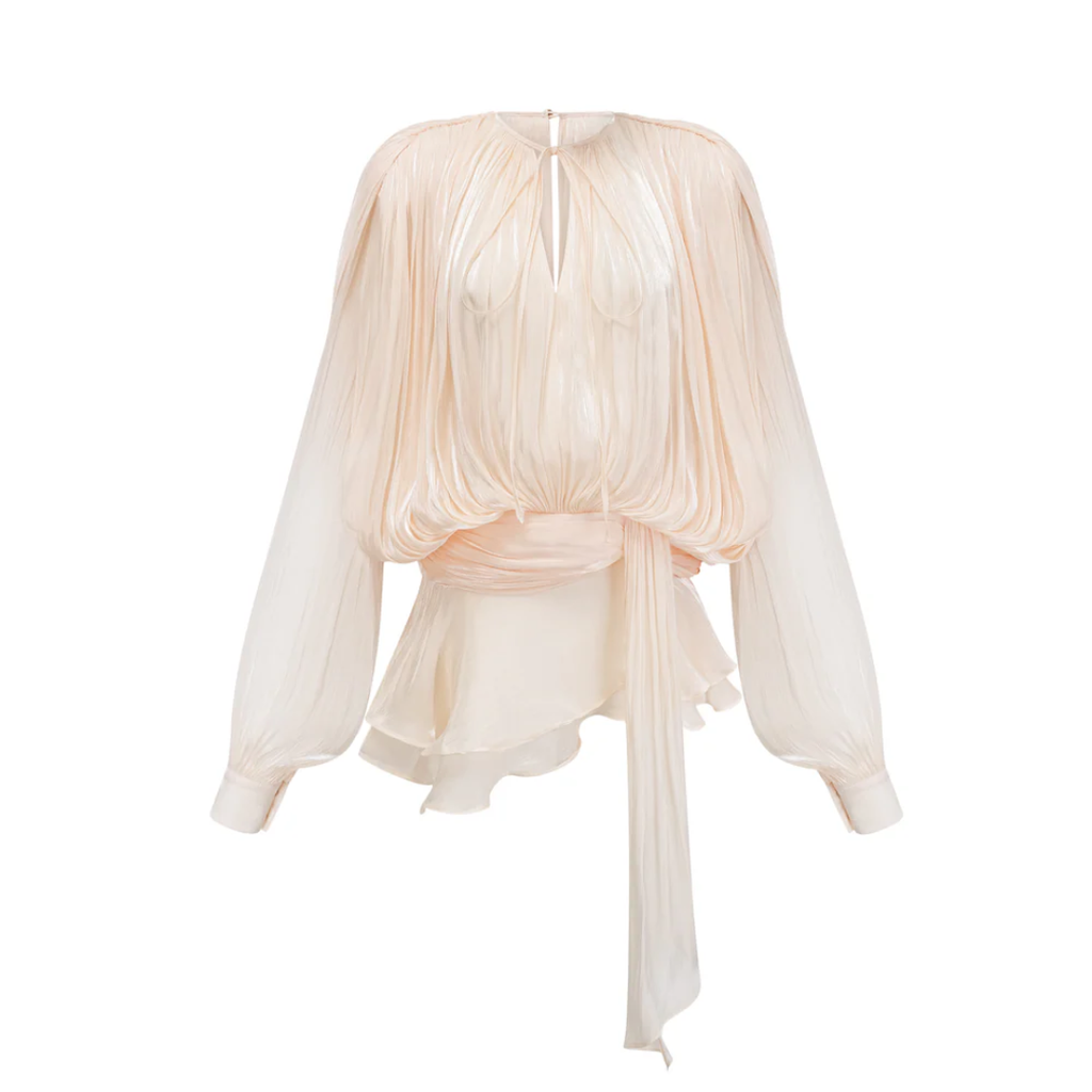 Eugénie - Vestido corto en tono neutro, totalmente plisado con volantes
