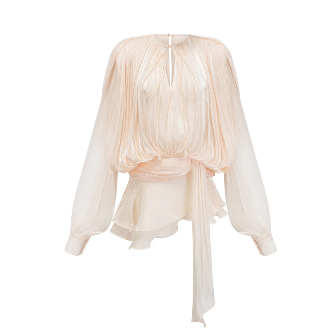 Eugénie - Vestido corto en tono neutro, totalmente plisado con volantes