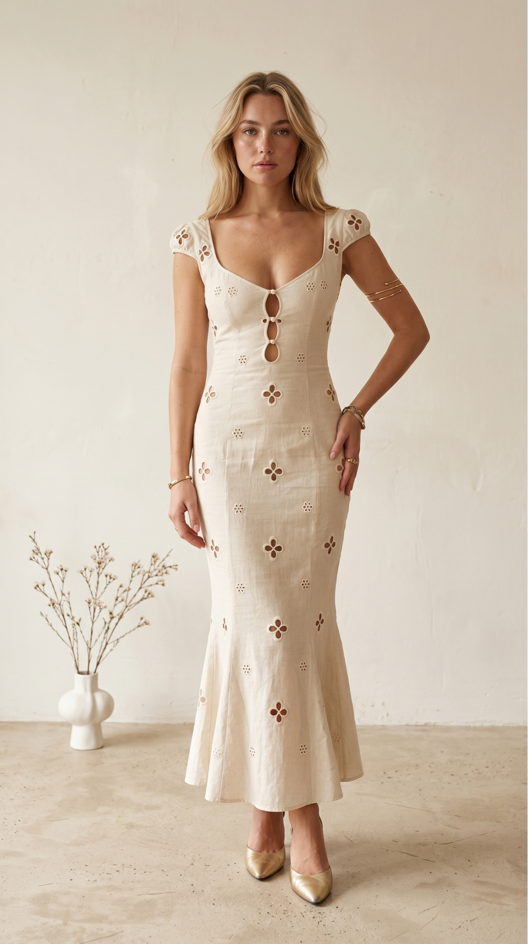 Elegante vestido midi bordado con aberturas