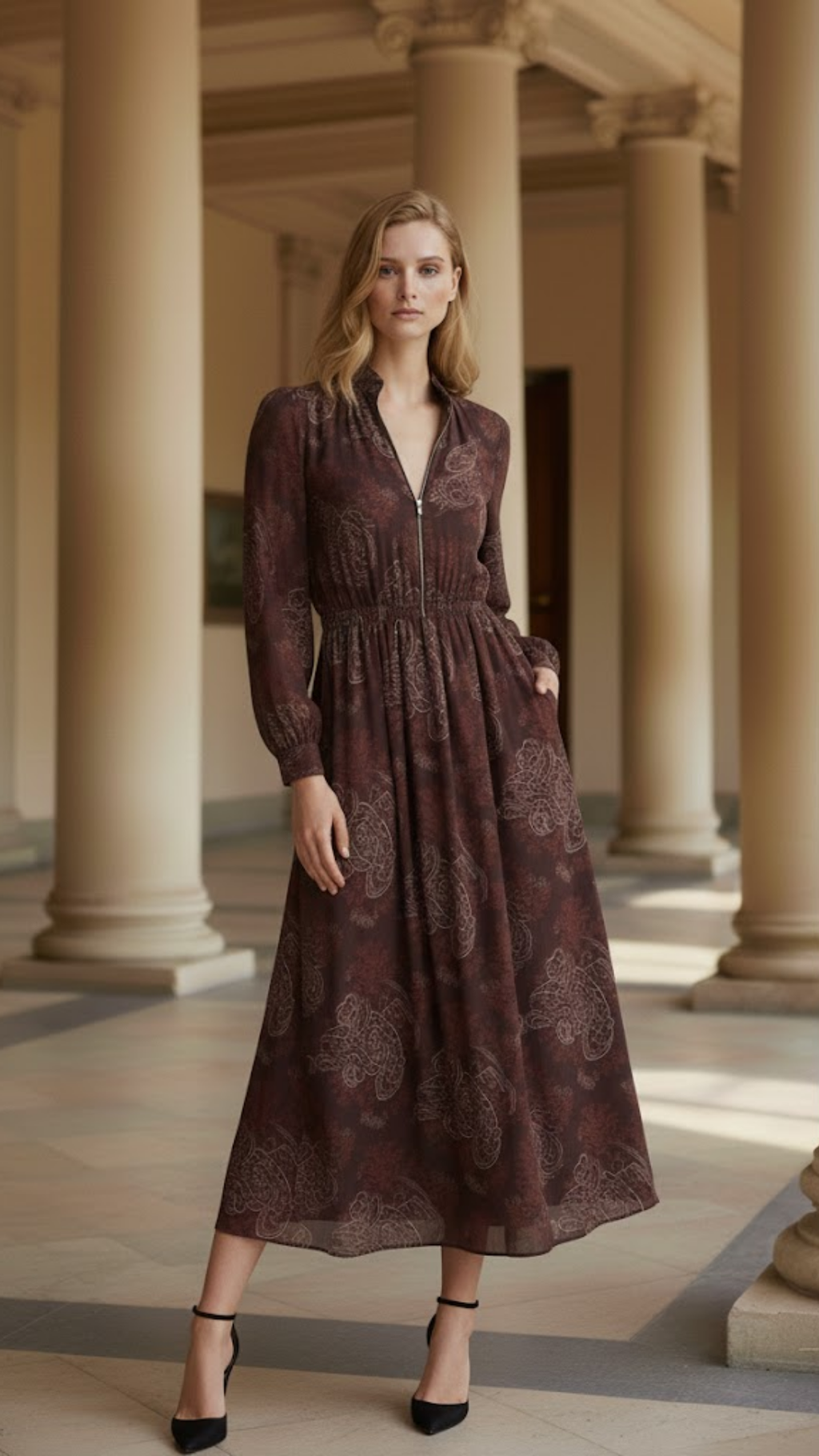 Amelia | Vestido largo con estampado paisley y cremallera en la cintura