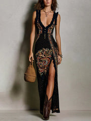 Olivia Vestido Estampado de Estilo Bohemio con Escote en V Profundo y Abertura Lateral