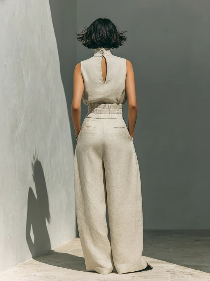 Flor™ | Conjunto minimalista de blusa sin mangas y pantalón de pernera ancha en algodón y lino para mujer