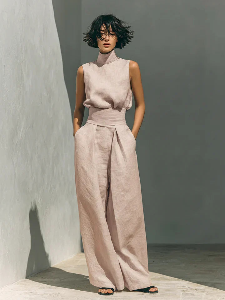 Flor™ | Conjunto minimalista de blusa sin mangas y pantalón de pernera ancha en algodón y lino para mujer