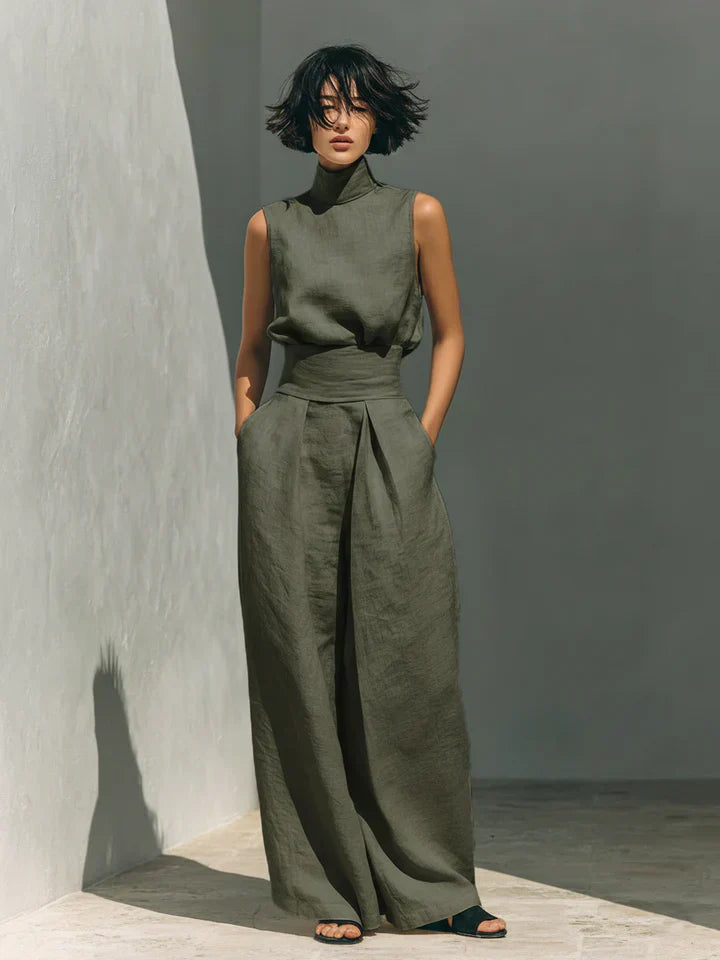Flor™ | Conjunto minimalista de blusa sin mangas y pantalón de pernera ancha en algodón y lino para mujer