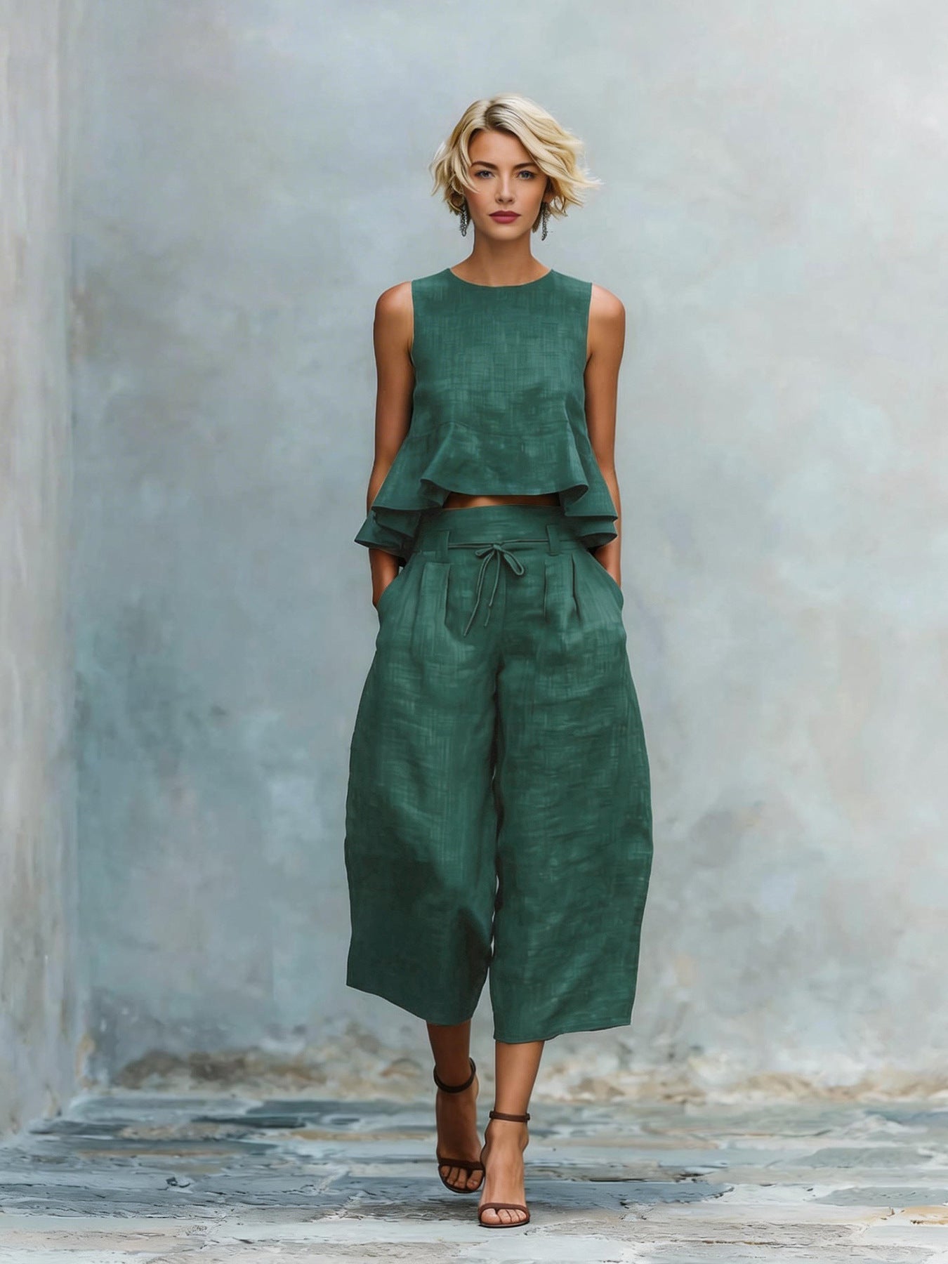 Conjunto de dos piezas para mujer con dobladillo fruncido