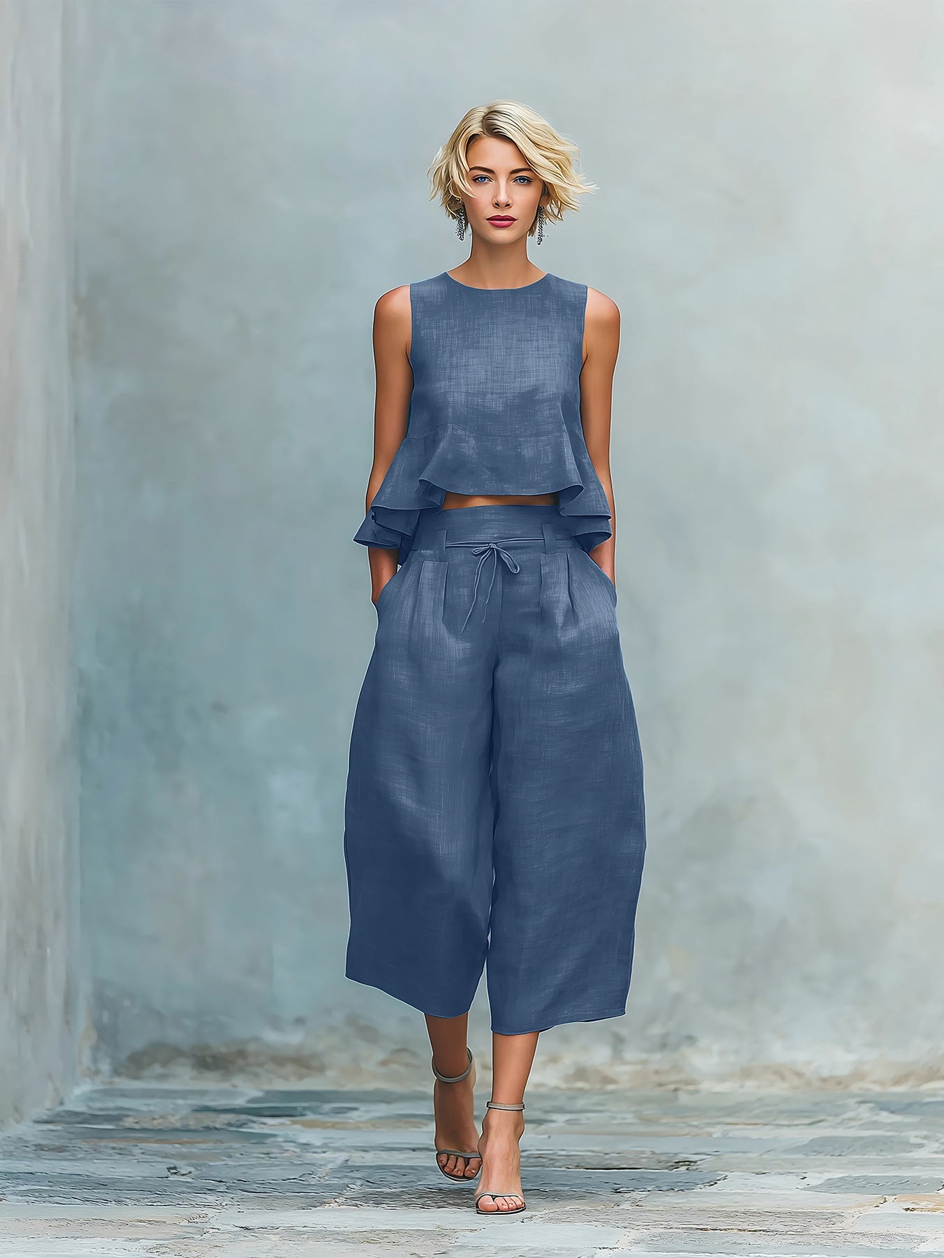 Conjunto de dos piezas para mujer con dobladillo fruncido