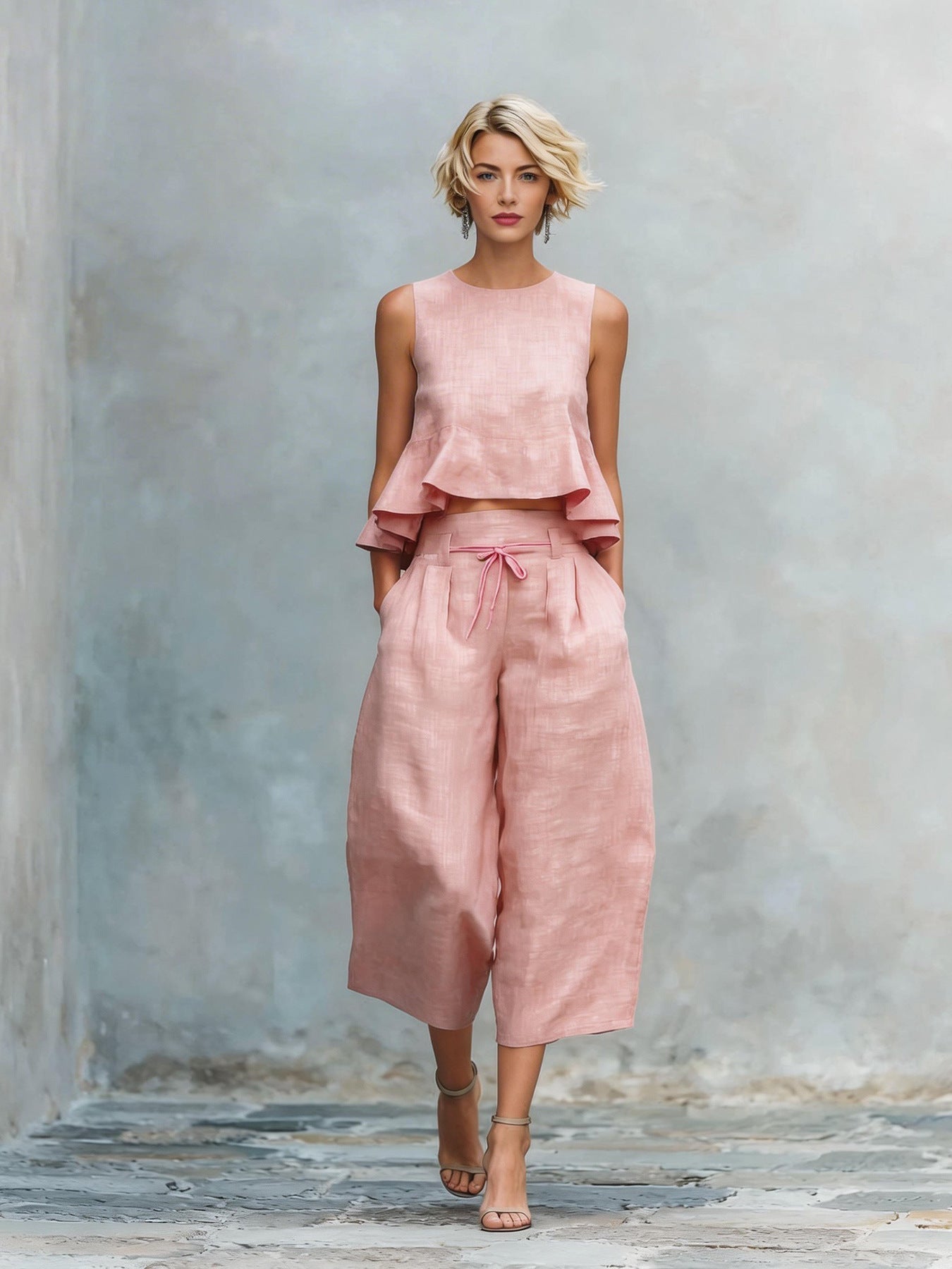 Conjunto de dos piezas para mujer con dobladillo fruncido