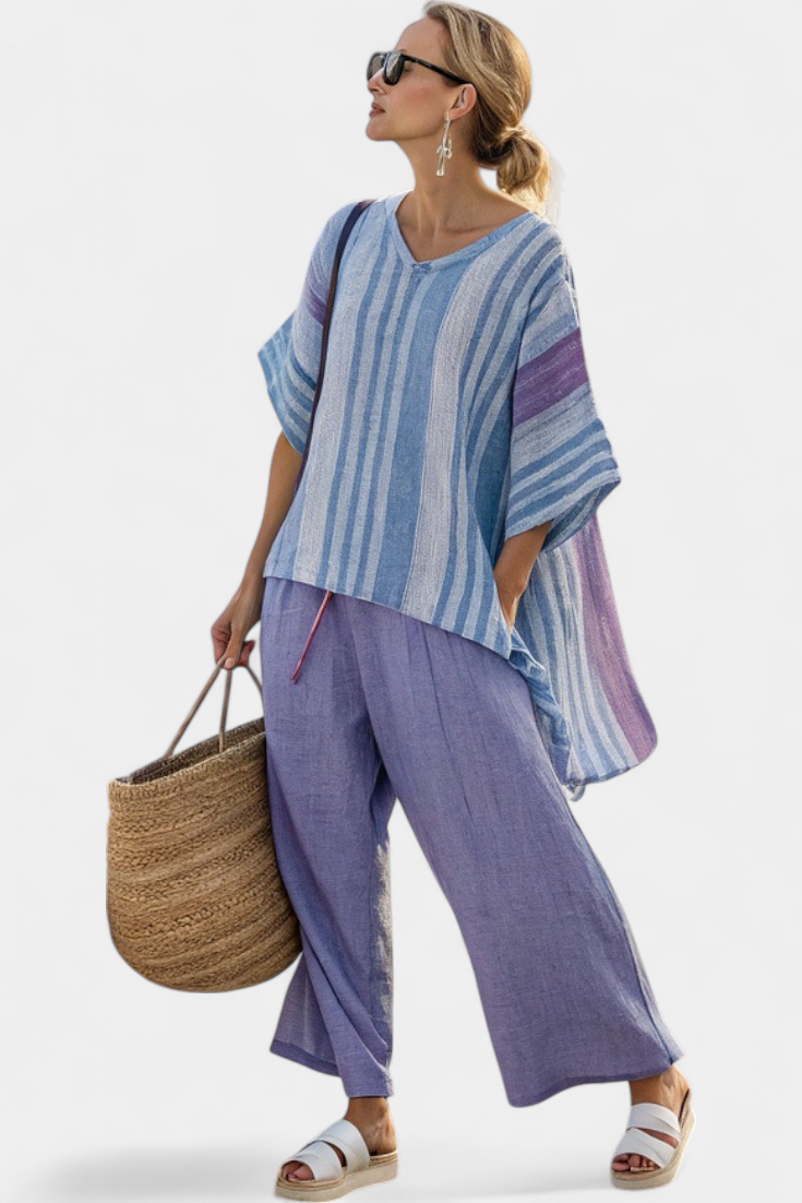 Carlotta • Top elegante en lavanda y azul cielo con pantalón de lino