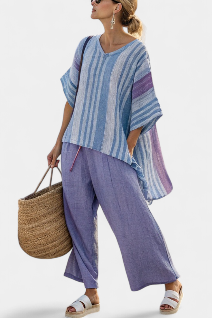 Carlotta • Top elegante en lavanda y azul cielo con pantalón de lino
