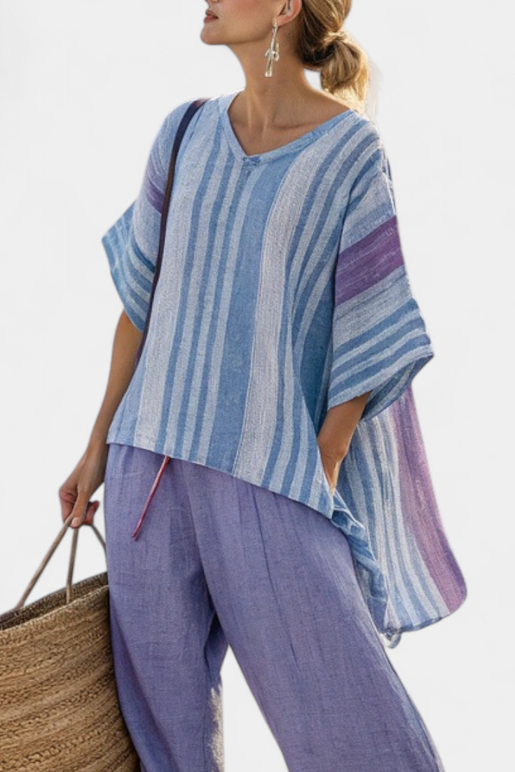 Carlotta • Top elegante en lavanda y azul cielo con pantalón de lino