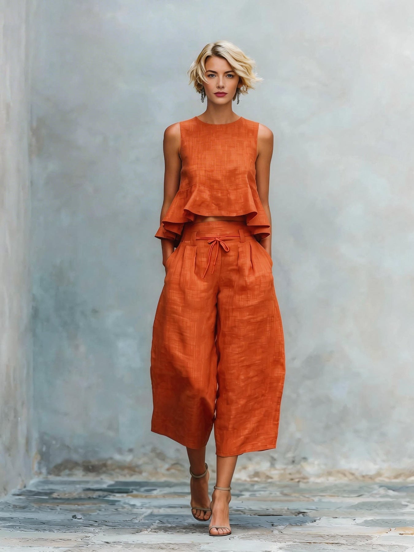 Conjunto de dos piezas para mujer con dobladillo fruncido