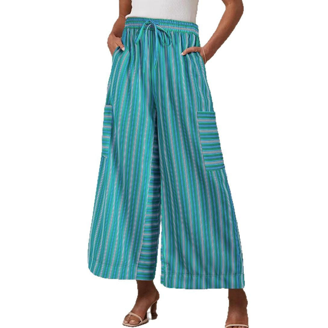 Pantalones ligeros de corte ancho a rayas, con cintura elástica y cordón ajustable